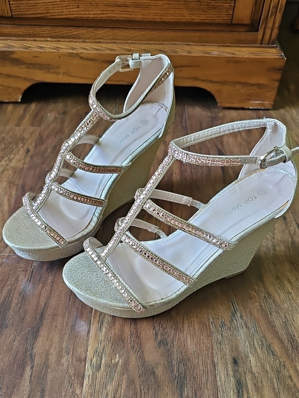 TOP Moda Rose Gold Glitter Strappy Wedge Sandals